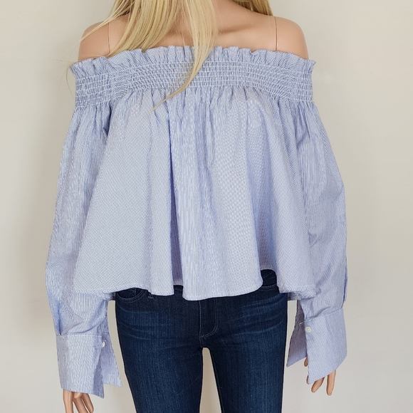 STORETS PINSTRIPE BLUE WHITE SMOCKING OFF THE SHOULDER FLOWY SHIRT TOP ONE SIZE - Picture 10 of 16